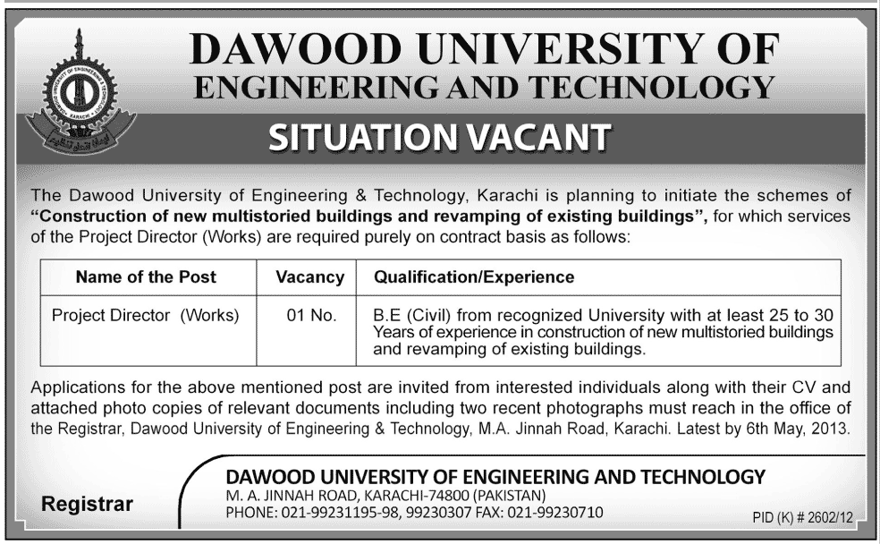Project Director Jobs in Dawood University Karachi April 2013