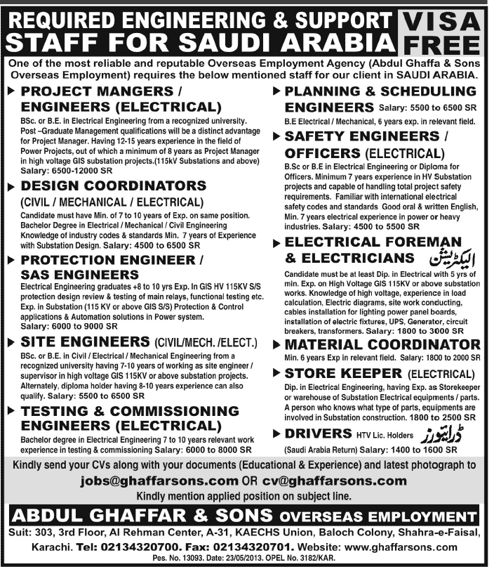 Engineering and Support Staff Jobs in Saudi Arabia