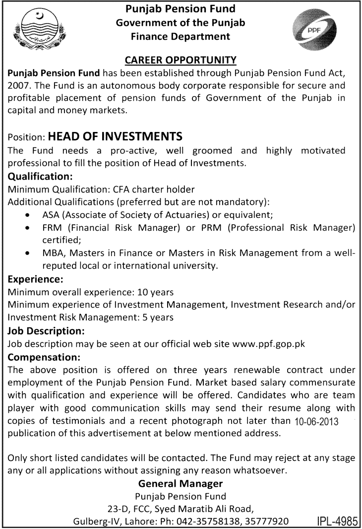 Government Punjab Pension Fund Jobs Head of Investment 2013