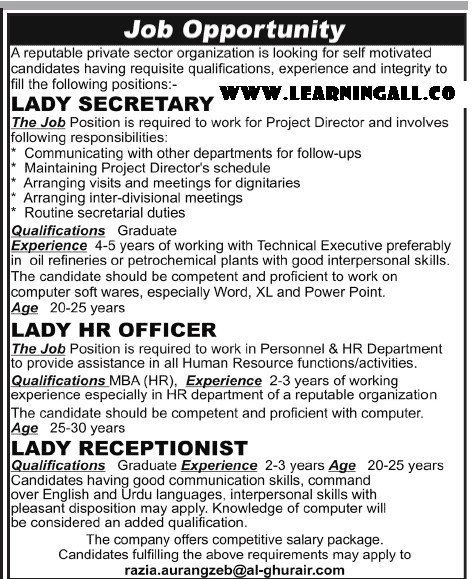 Secretary, HR office, Receptionist Jobs for Women