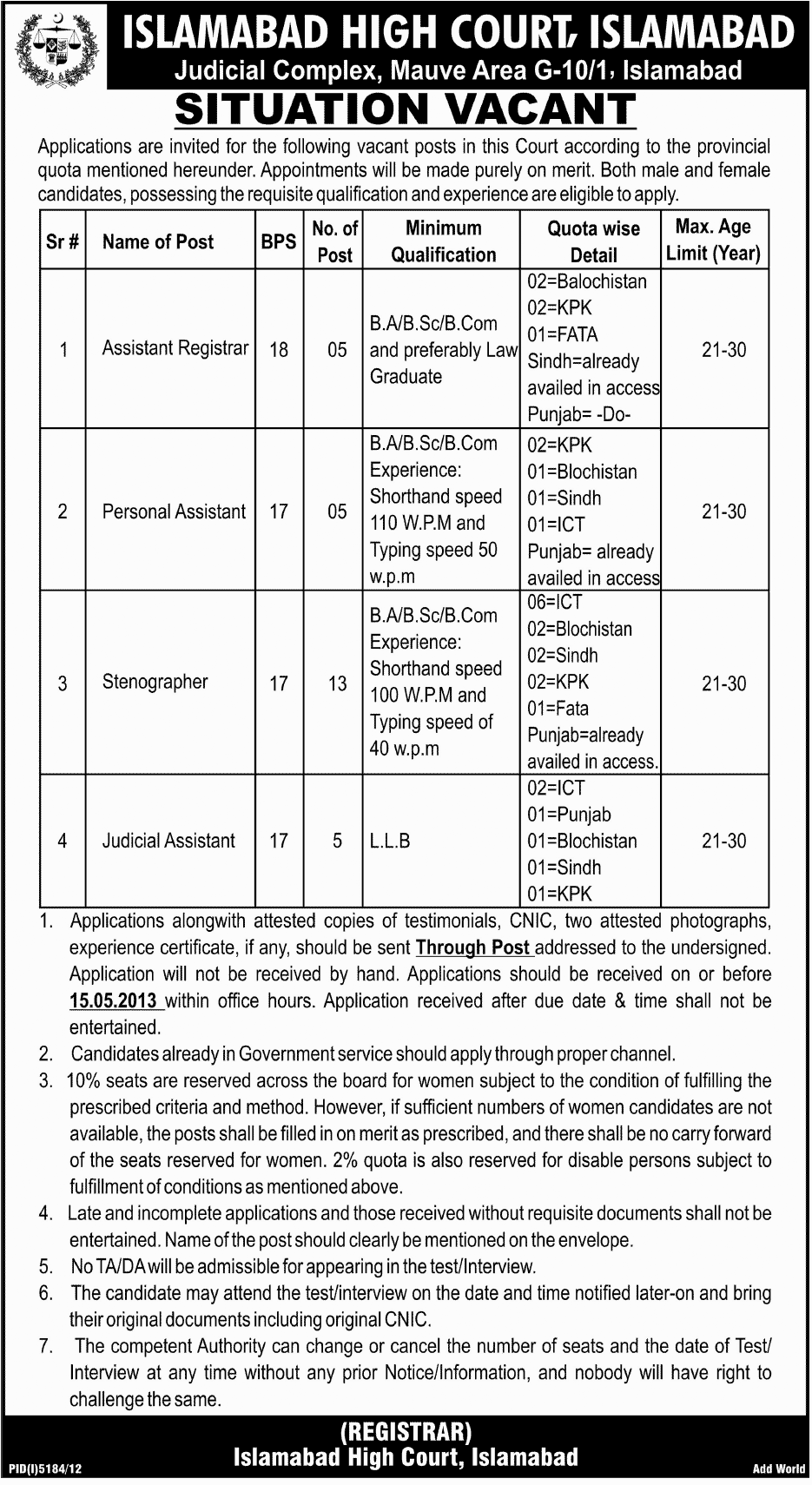 Situation Vacant in Islamabad High Court Pakistan 2013