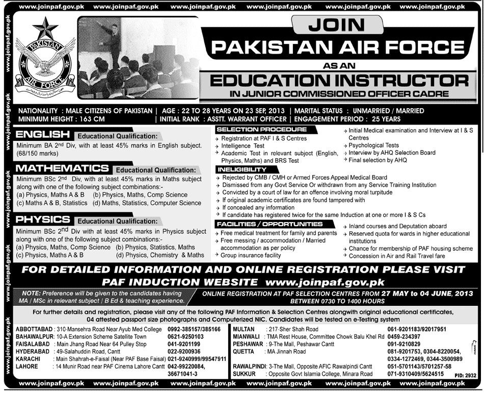 Teaching Jobs Join Pakistan Air Force as Education Instructor