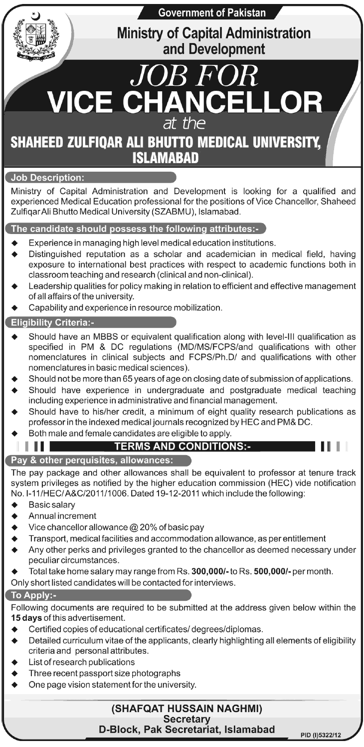 Vice Chancellor Job in Shaheed zulfiqar Ali Bhutto University