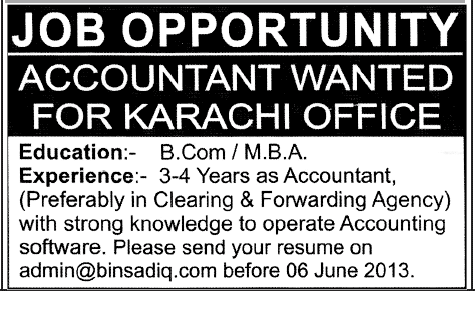 B.com Accountant Jobs in Karachi Sindh Pakistan June 2013