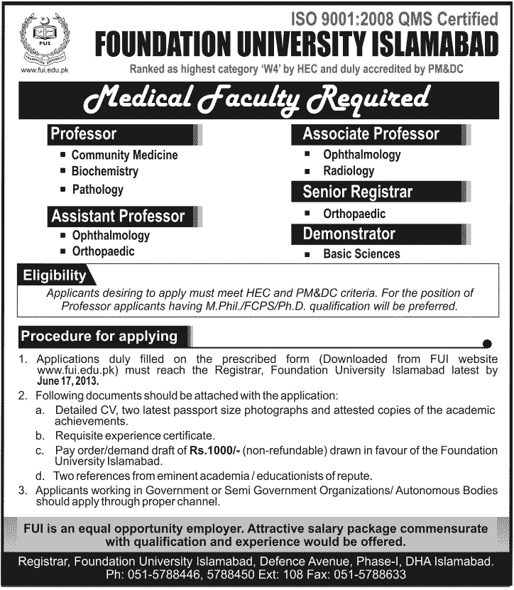 Foundation University Islamabad Medical Faculty Required