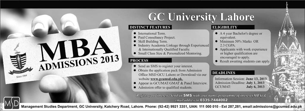 GC University Lahore Starts MBA Admissions 2013 GC University Lahore Starts MBA Admissions 2013