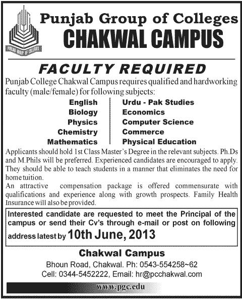 Jobs in Punjab Group of College Chakwal Campus Faculty Required