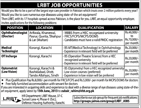 LRBT Eye hospital karachi Job Opportunities June 2013