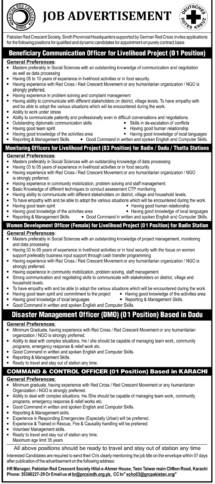 Pakistan Red Crescent Society Jobs in Karachi June 2013