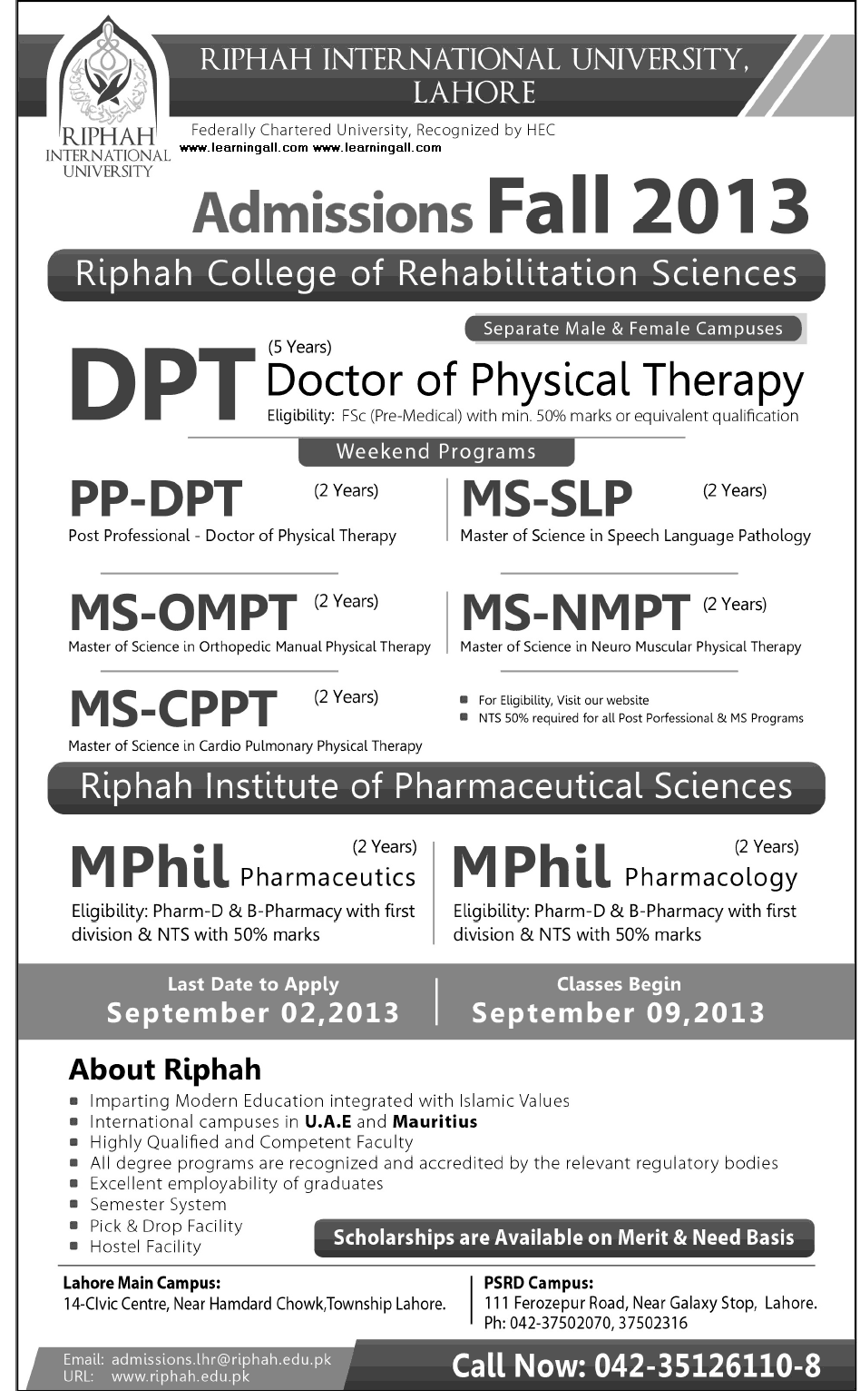 Riphah international university Admissions 2013