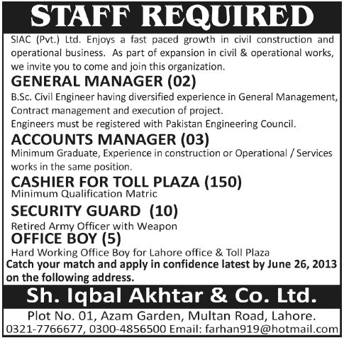 SIAC PVT Limited Staff Required