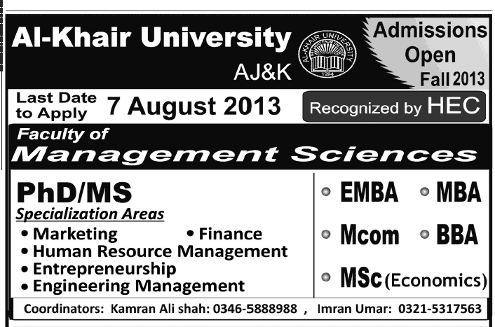 Al Khair University Azad Jammu & Kashmir Admissions 2013