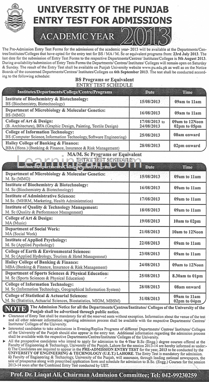 BS-MA/MSC Admissions in PU 2013-2014 Schedule BS MAMSC 2013 PUCIT Lahore BS & Msc Entry Test Dates