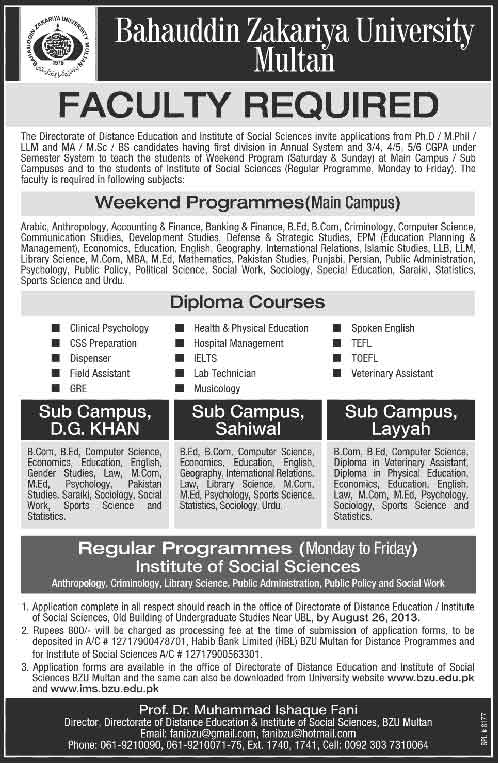 Bahauddin Zakariya University Multan BZU Jobs