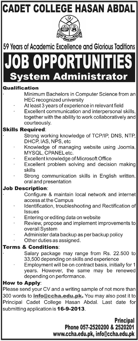 System Administrations Jobs Cadet College Hasan Abdal