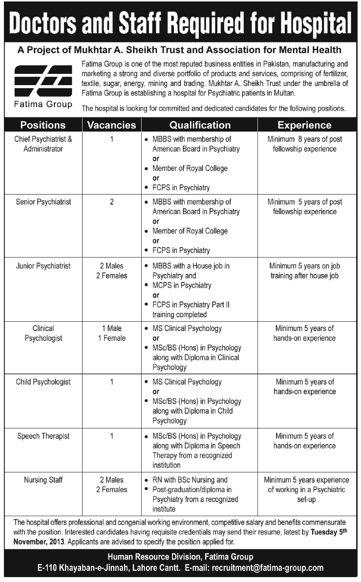 Doctors staff required for hospital fatima group