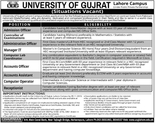 UOG Jobs Lahore Campus 2013