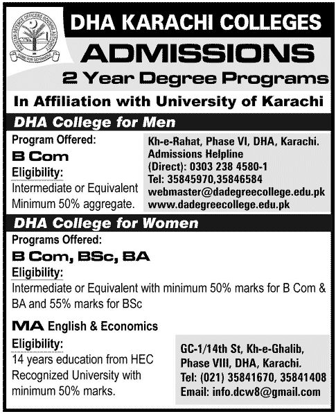 DHA Karachi College Admissions in Bcom