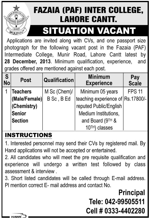 PAF Inter College Lahore Cantt Jobs 2013