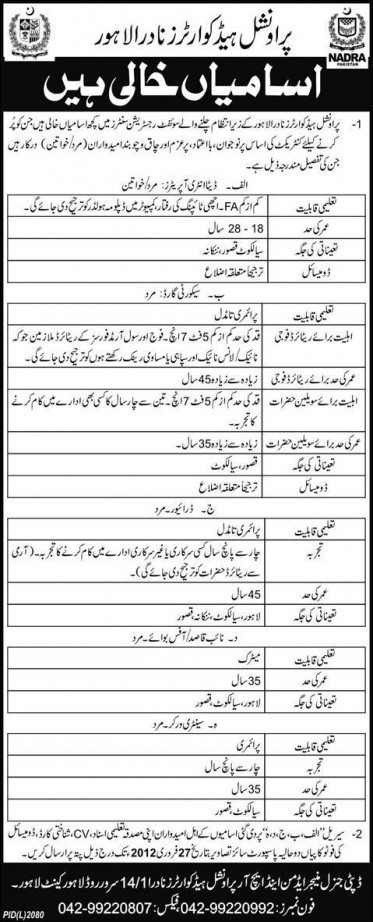 jobs headquarters nadra lahore