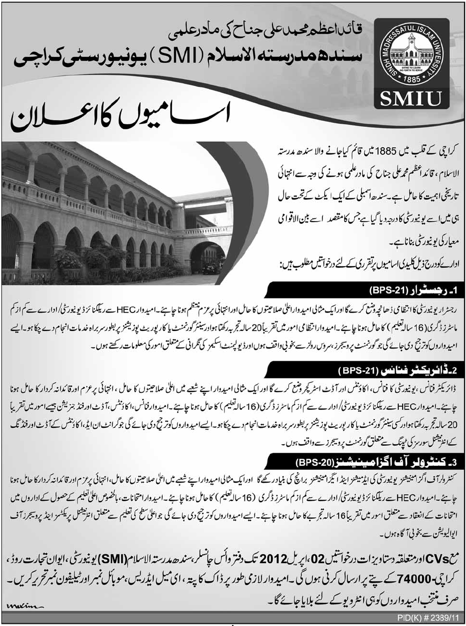 Sindh Madrasatul Islam University Jobs 2019