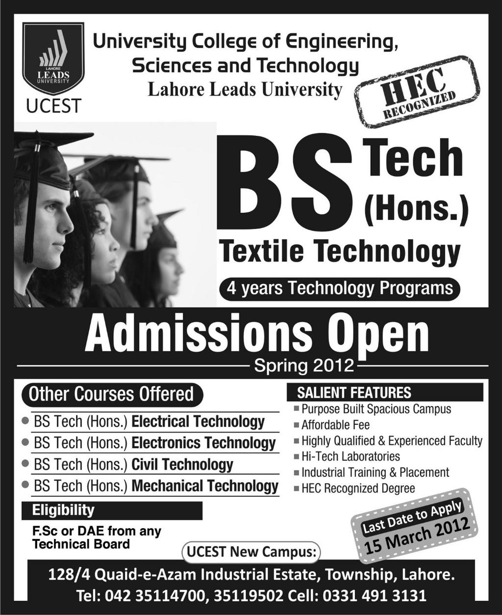 University College of Engineering Sciences And Technology Lahore Admissions University College of Engineering Sciences And Technology Lahore Admissions