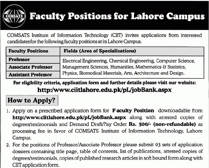 comsats institute of information technology lahore Jobs comsats institute of information technology lahore Jobs