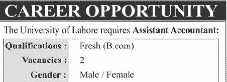 assistant accountant jobs in The University of Lahore