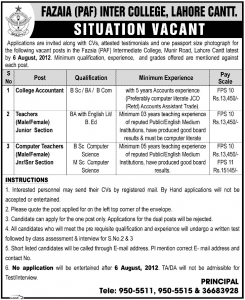Jobs in Fazaia PAF Inter College Lahore Cantt Jobs in Fazaia PAF Inter College Lahore Cantt