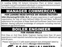 Commercial Manger & Boiler Engineer Jobs in S.S Oil Mills Lahore