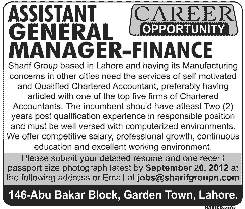 Assistant General Manger Finance Jobs in Sharif Group