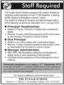 The Punjab School Lahore Jobs 2012