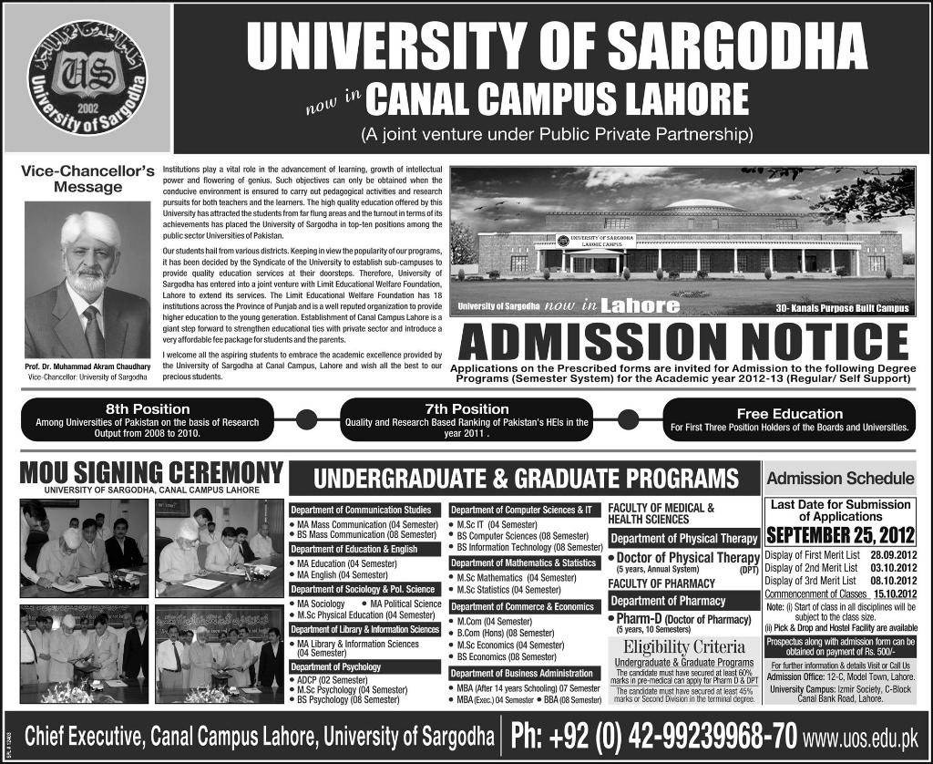 University of sargodha Admission Notice 2012