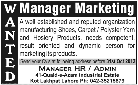 Marketing Manager Jobs in Lahore Pakistan