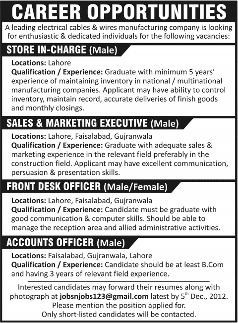 Electrical Cables & Wires Manufacturing Company Jobs