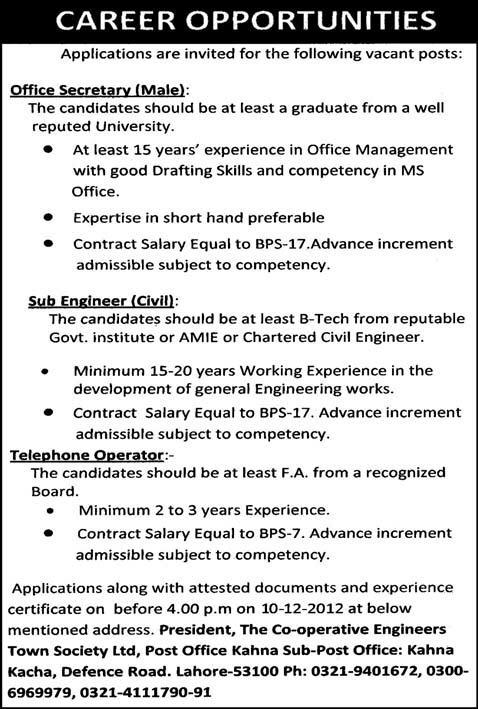 Office Secretary, Sub Engineer (Civil) Telephone Operator