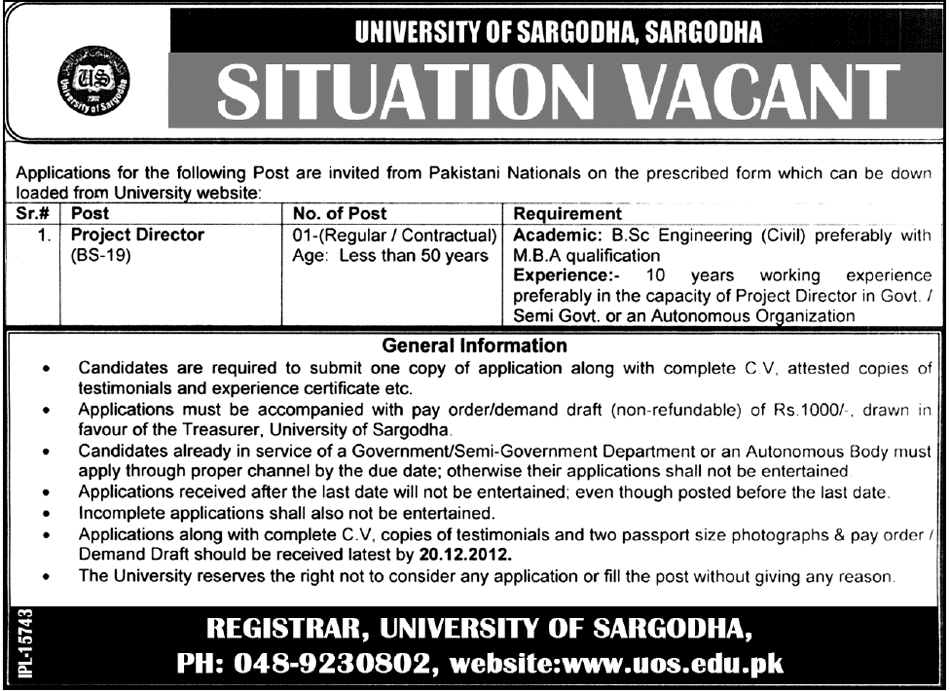 Project Director Jobs in University of Sargodha December 2012