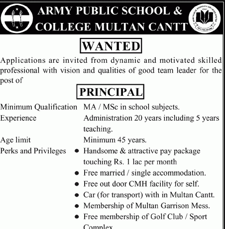 Army Public School & College Multan Cantt Principal Jobs