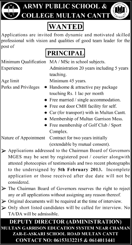 Army Public School & College Multan Cantt Principal Jobs Army Public School & College Multan Cantt Principal Jobs