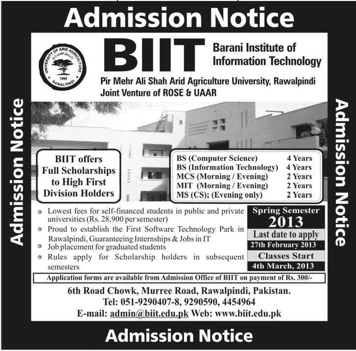 Barani Instititute of Information Technology Admissions Barani Instititute of Information Technology Admissions