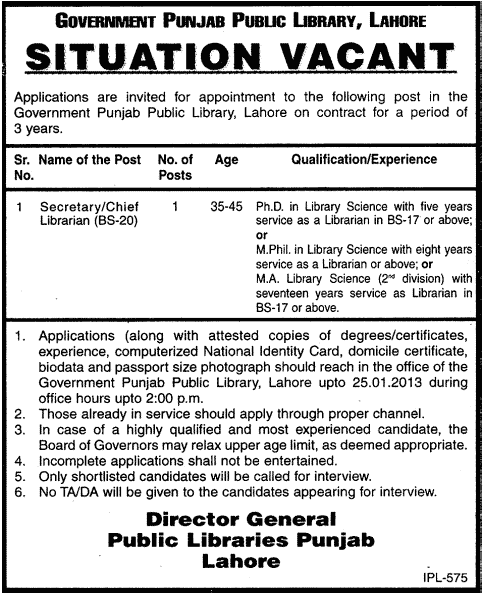 Govt Punjab Public Library Jobs as Secretary/Chief Librarian