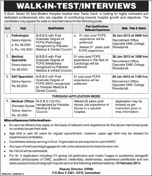 Jobs in Government Hospital Taxila 2020