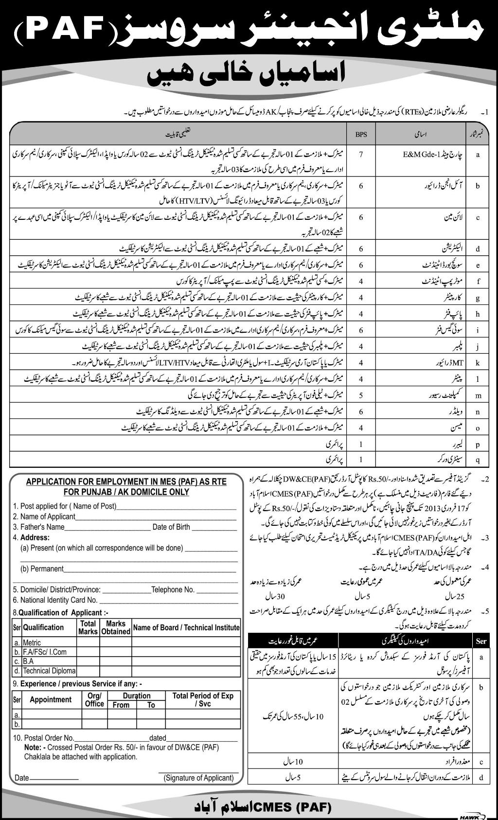 Military Engineering Services, MES PAF Jobs January