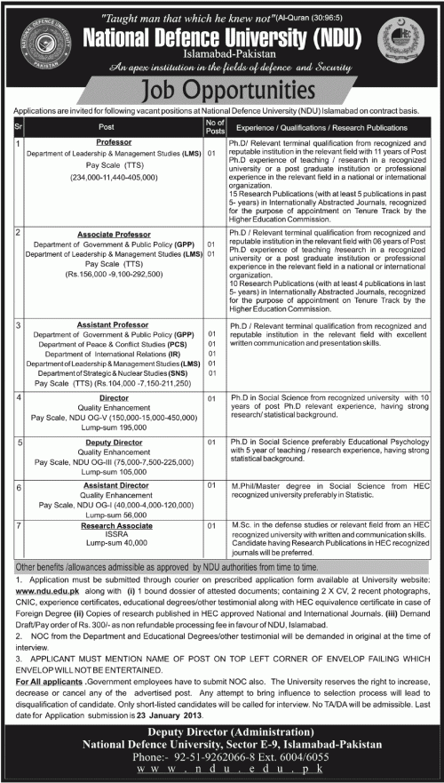 National Defence University Islamabad Jobs 2019