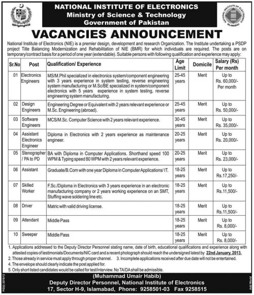 National institute of electronics (Ministry Of science and Techonogy) Jobs