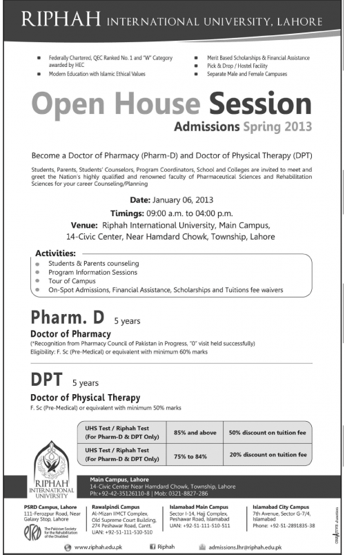 RIPAH International University, Lahore offer Admissions