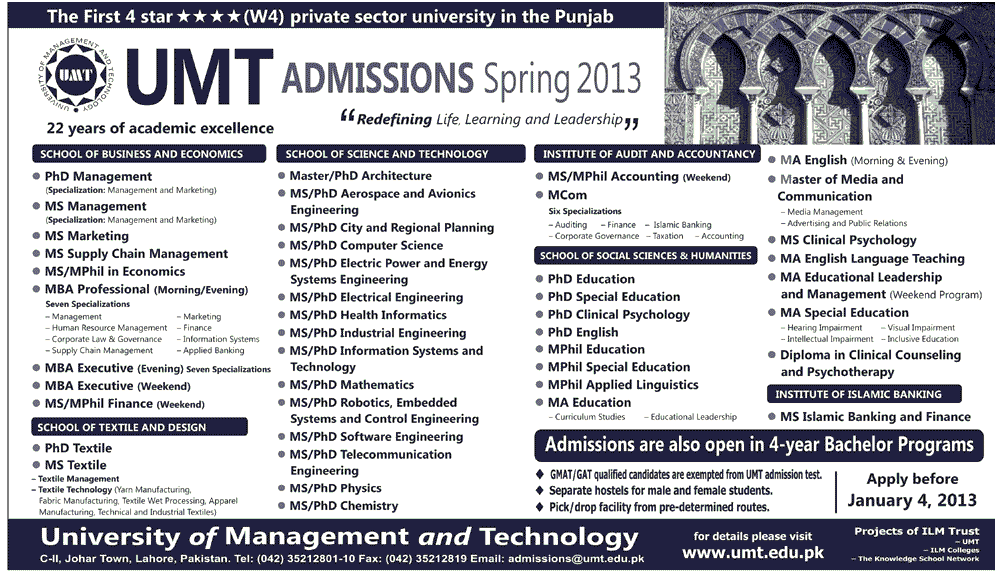 UMT admissions 2013 UMT admissions 2013