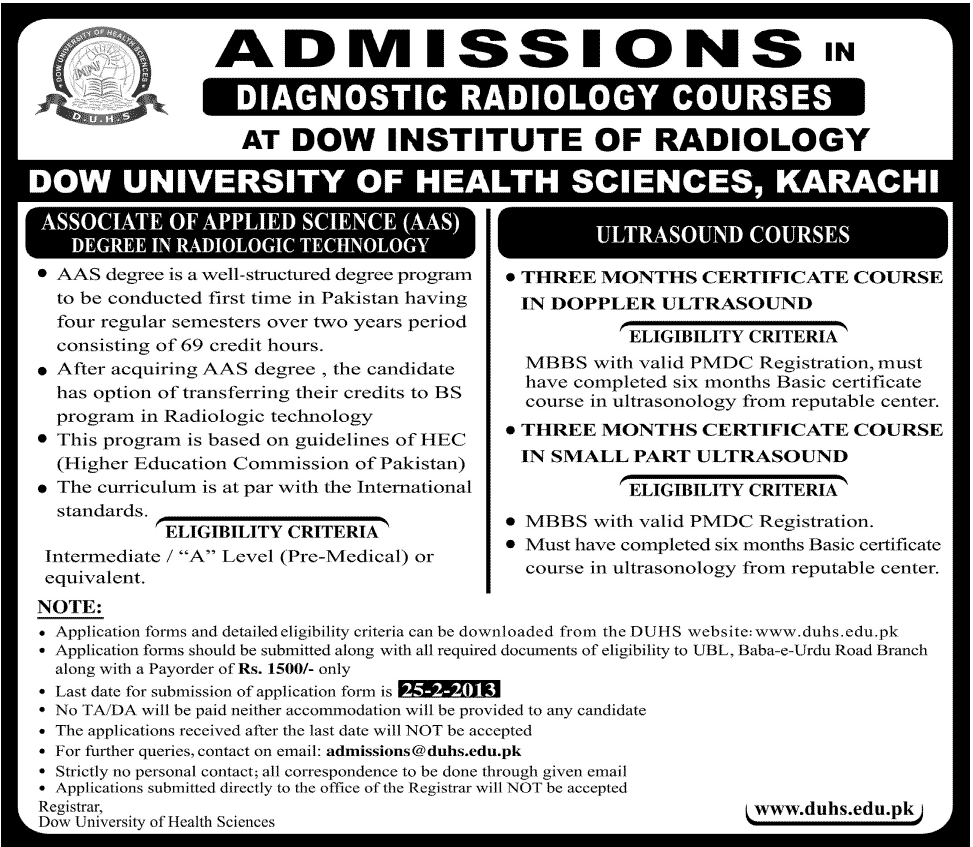 Admissions in Diagnostic Radiology Courses At Dow Institute of Radiology Admissions in Diagnostic Radiology Courses At Dow Institute of Radiology