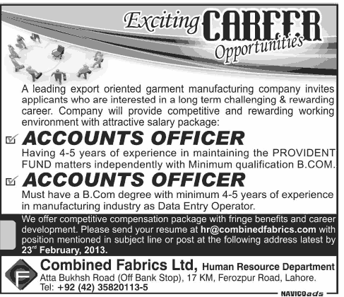 Combined Fabrics Lahore Jobs