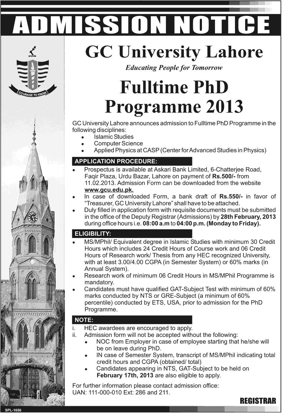 GC University Lahore PhD Admissions 2013 GC University Lahore PhD Admissions 2013
